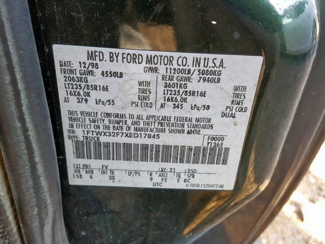 1FTWX32F7XED17845 - 1999 FORD F350 SUPER GREEN photo 10