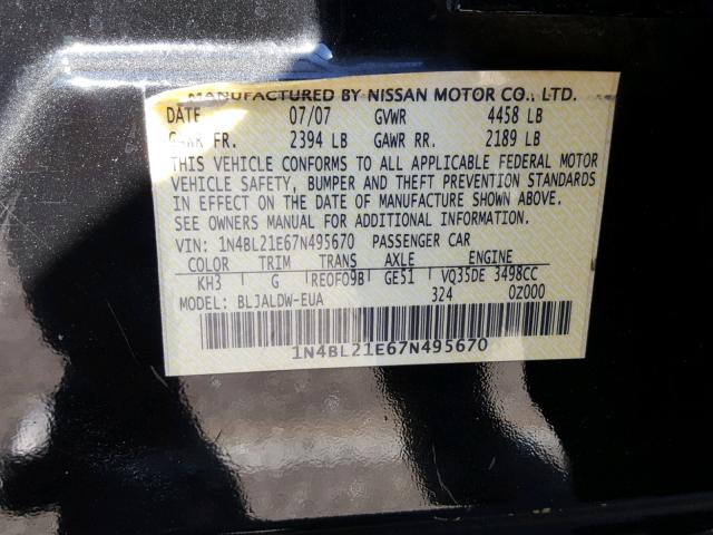 1N4BL21E67N495670 - 2007 NISSAN ALTIMA 3.5 BLACK photo 10