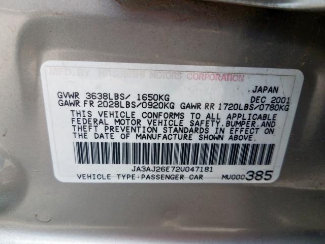 JA3AJ26E72U047181 - 2002 MITSUBISHI LANCER ES SILVER photo 10