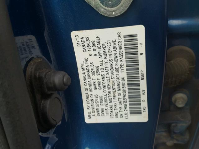 2HGFB2F92DH550194 - 2013 HONDA CIVIC EXL BLUE photo 10