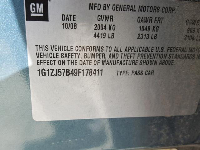 1G1ZJ57B49F178411 - 2009 CHEVROLET MALIBU 2LT TEAL photo 10