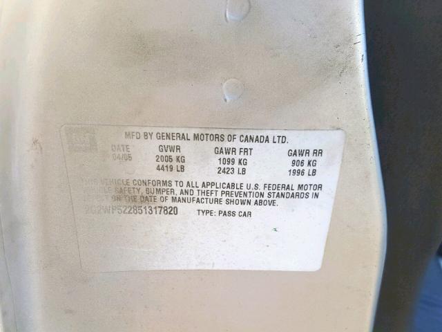2G2WP522851317820 - 2005 PONTIAC GRAND PRIX SILVER photo 10