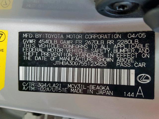 JTHBA30G755123453 - 2005 LEXUS ES 330 SILVER photo 10