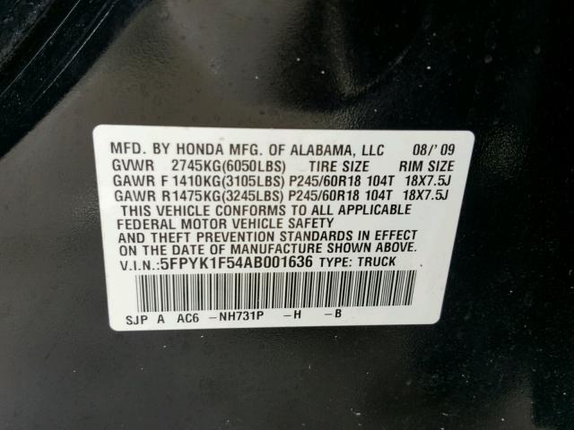 5FPYK1F54AB001636 - 2010 HONDA RIDGELINE BLACK photo 10