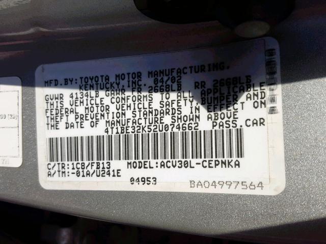 4T1BE32K52U074662 - 2002 TOYOTA CAMRY LE SILVER photo 10