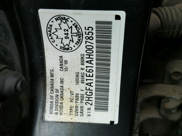 2HGFA1E61AH007855 - 2010 HONDA CIVIC BLACK photo 10