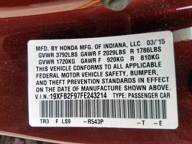 19XFB2F97FE243214 - 2015 HONDA CIVIC EXL Բորդո լուսանկար 10