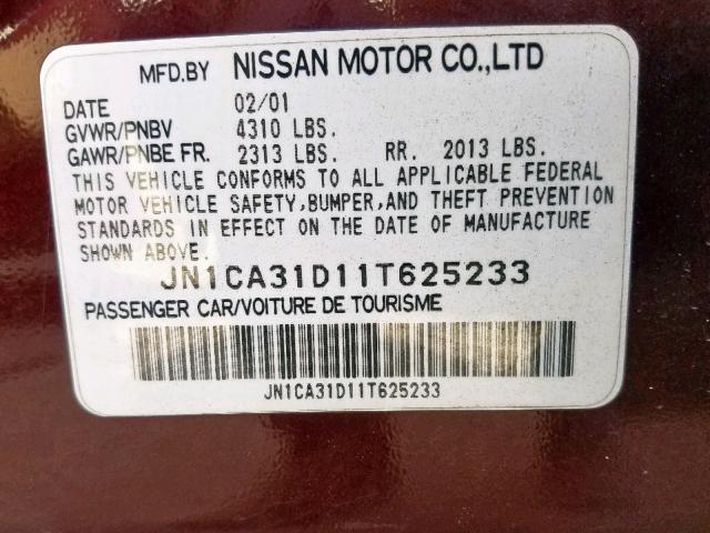 JN1CA31D11T625233 - 2001 NISSAN MAXIMA GXE BURGUNDY photo 10