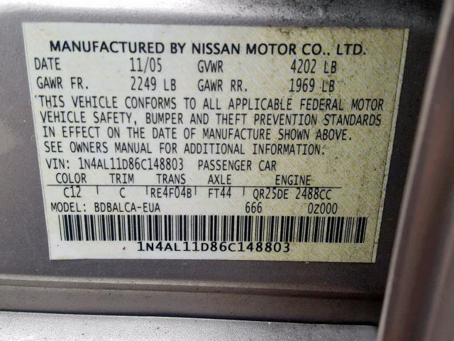 1N4AL11D86C148803 - 2006 NISSAN ALTIMA S GOLD photo 10