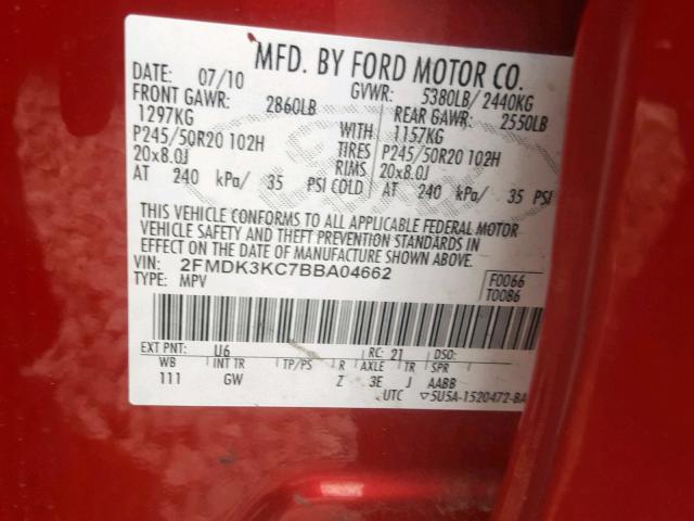 2FMDK3KC7BBA04662 - 2011 FORD EDGE LIMIT RED photo 10