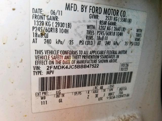 2FMDK4JC5BBB47522 - 2011 FORD EDGE SEL SILVER photo 10