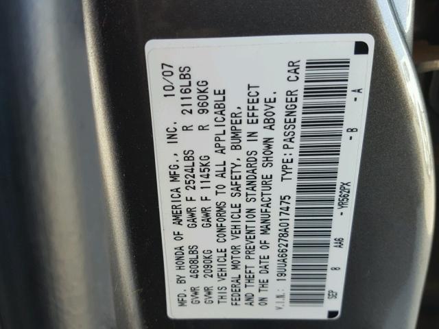 19UUA66278A017475 - 2008 ACURA TL GRAY photo 10