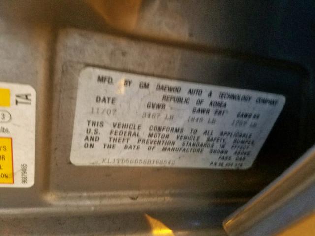 KL1TD56658B168542 - 2008 CHEVROLET AVEO BASE Сұр фото 10