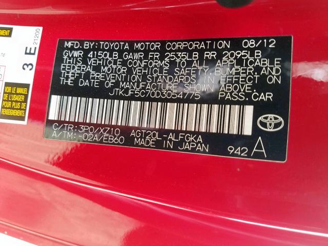 JTKJF5C70D3054775 - 2013 TOYOTA SCION TC წითელი ფოტო 10