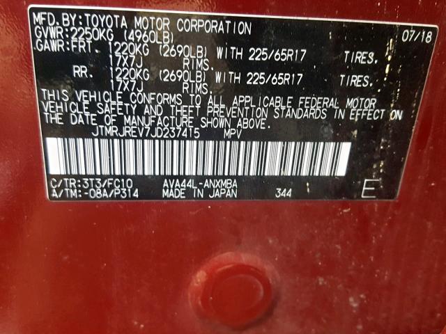 JTMRJREV7JD237415 - 2018 TOYOTA RAV4 HV LE RED photo 10