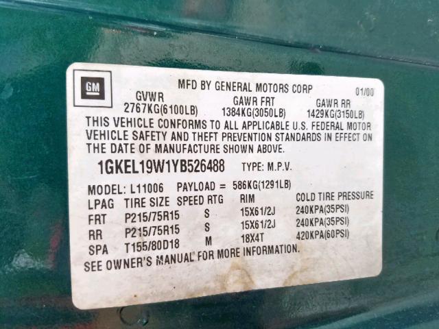 1GKEL19W1YB526488 - 2000 GMC SAFARI XT GREEN photo 10