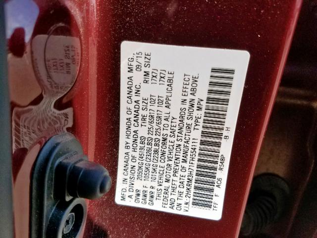 2HKRM3H71FH554111 - 2015 HONDA CR-V EXL RED photo 10