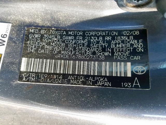 JTKDE167880273138 - 2008 TOYOTA SCION TC ნაცრისფერი ფოტო 10