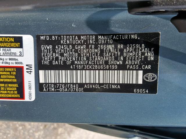 4T1BF3EK2BU658199 - 2011 TOYOTA CAMRY BASE BLUE photo 10