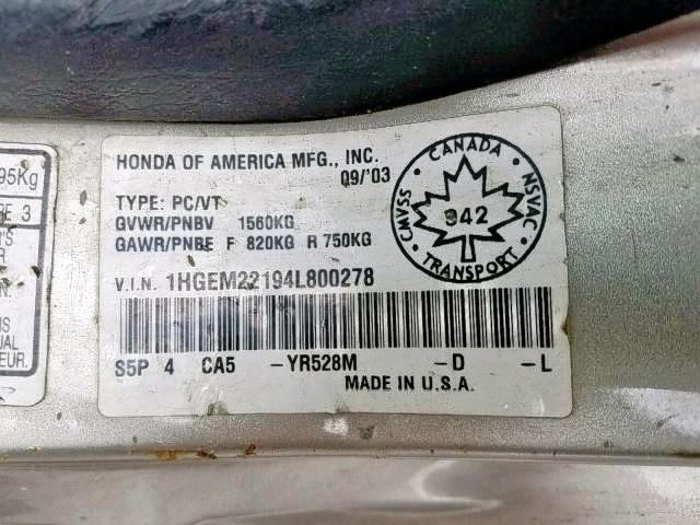 1HGEM22194L800278 - 2004 HONDA CIVIC DX V GRAY photo 9