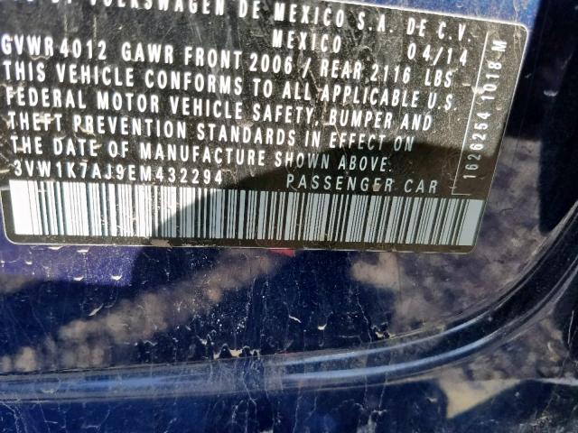 3VW1K7AJ9EM432294 - 2014 VOLKSWAGEN JETTA BASE 蓝色 照片 10