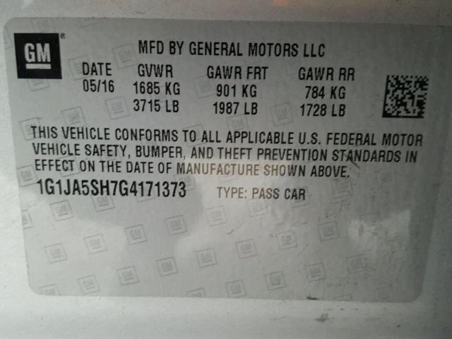 1G1JA5SH7G4171373 - 2016 CHEVROLET SONIC LS 银色 照片 10