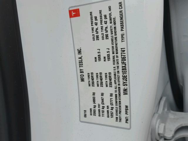 5YJ3E1EBXJF067741 - 2018 TESLA MODEL 3 თეთრი ფოტო 10