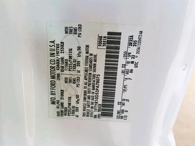 1FTYR10D53PA78075 - 2003 FORD RANGER WHITE photo 10