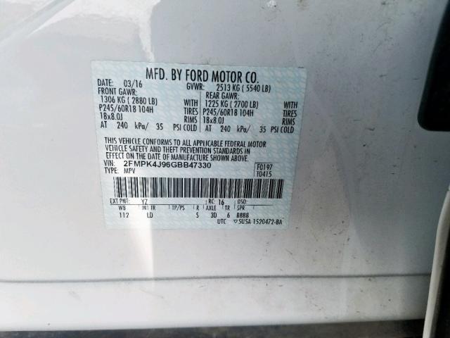 2FMPK4J96GBB47330 - 2016 FORD EDGE SEL WHITE photo 10