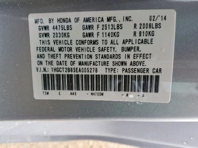 1HGCT2B85EA005278 - 2014 HONDA ACCORD EXL SILVER photo 10