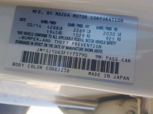 JM1GJ1U63F1173790 - 2015 MAZDA 6 SPORT WHITE photo 10