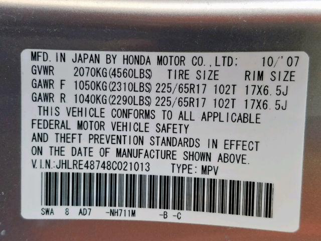 JHLRE48748C021013 - 2008 HONDA CR-V EXL SILVER photo 10