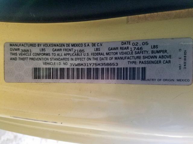 3VWBM31Y75M358653 - 2005 VOLKSWAGEN NEW BEETLE YELLOW photo 10