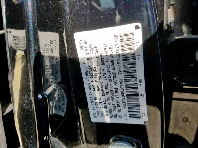 1HGCP36868A005704 - 2008 HONDA ACCORD EXL BLACK photo 10