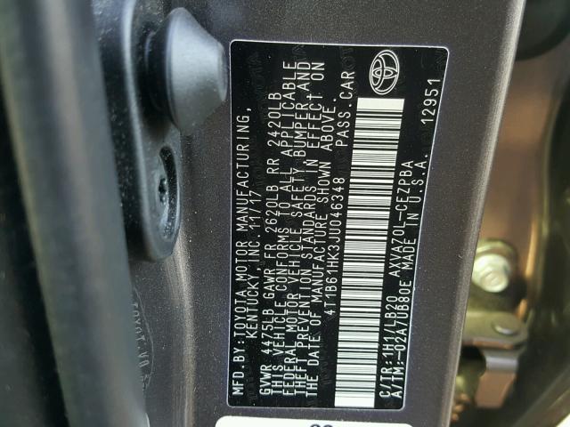 4T1B61HK3JU046348 - 2018 TOYOTA CAMRY XSE CHARCOAL photo 10