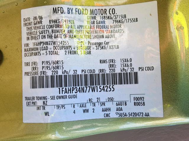 1FAHP34N77W154255 - 2007 FORD FOCUS ZX4 GREEN photo 10