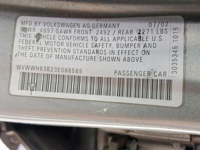 WVWWH63B23E088589 - 2003 VOLKSWAGEN PASSAT GLX Gümüş foto 10