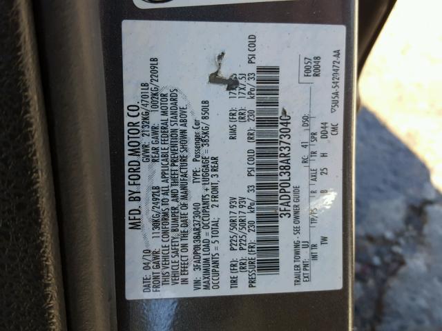 3FADP0L38AR373040 - 2010 FORD FUSION HYB GRAY photo 10