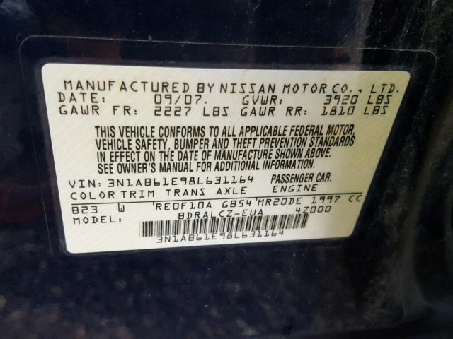 3N1AB61E98L631164 - 2008 NISSAN SENTRA 2.0 BLUE photo 10