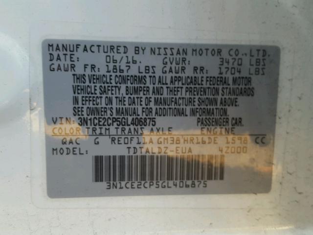 3N1CE2CP5GL406875 - 2016 NISSAN VERSA NOTE WHITE photo 10