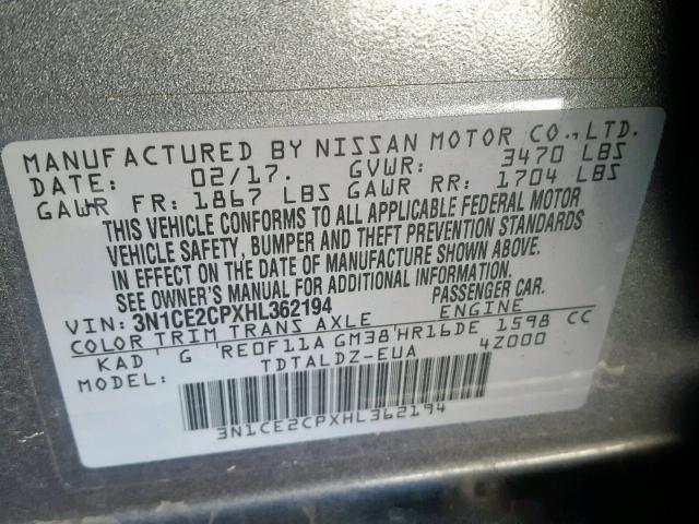 3N1CE2CPXHL362194 - 2017 NISSAN VERSA NOTE GRAY photo 10