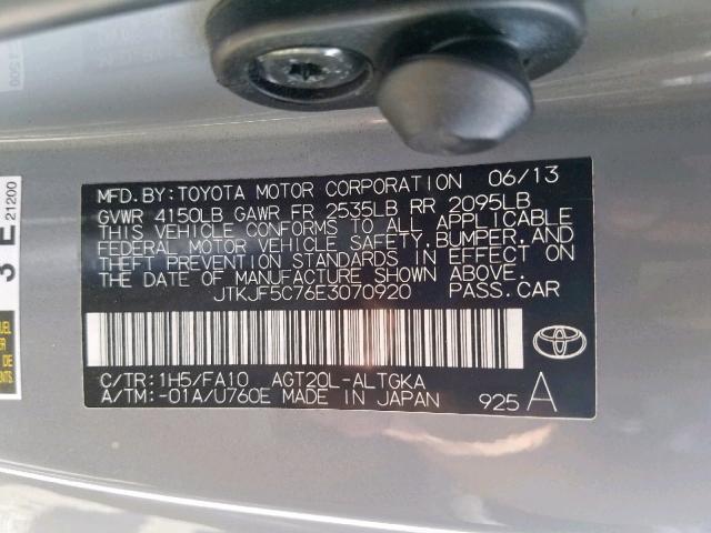 JTKJF5C76E3070920 - 2014 TOYOTA SCION TC ნაცრისფერი ფოტო 10