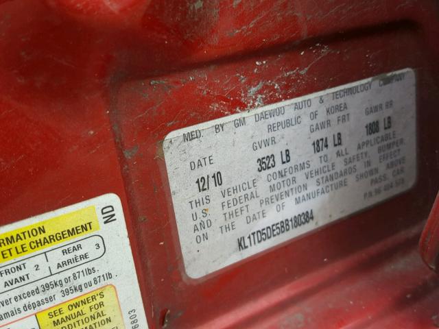 KL1TD5DE5BB180384 - 2011 CHEVROLET AVEO LS BURGUNDY photo 10