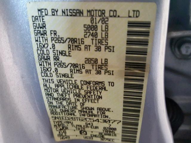 5N1ED28T62C543077 - 2002 NISSAN XTERRA XE SILVER photo 10