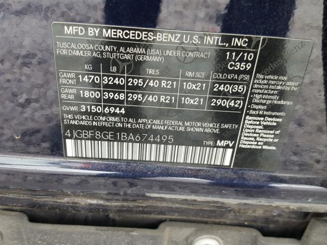 4JGBF8GE1BA674495 - 2011 MERCEDES-BENZ GL 550 4MA BLUE photo 10