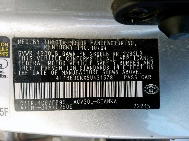 4T1BE30KX5U434578 - 2005 TOYOTA CAMRY LE SILVER photo 10