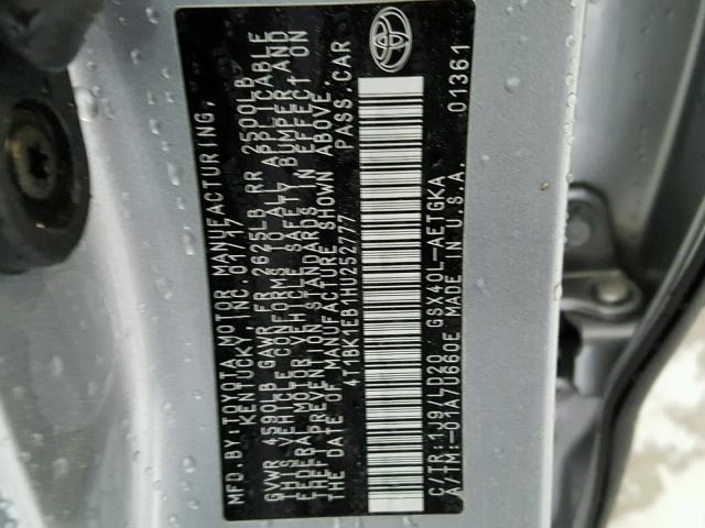 4T1BK1EB1HU252777 - 2017 TOYOTA AVALON XLE SILVER photo 10