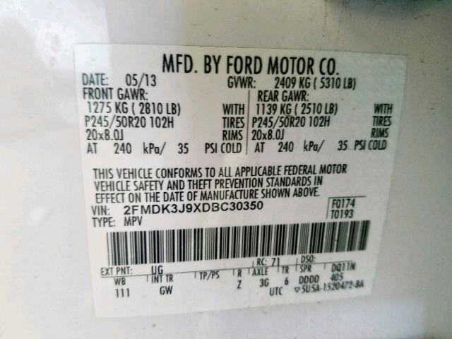 2FMDK3J9XDBC30350 - 2013 FORD EDGE SEL WHITE photo 10