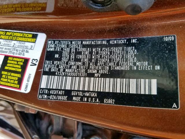 4T3ZK11A99U019301 - 2009 TOYOTA VENZA BROWN photo 10