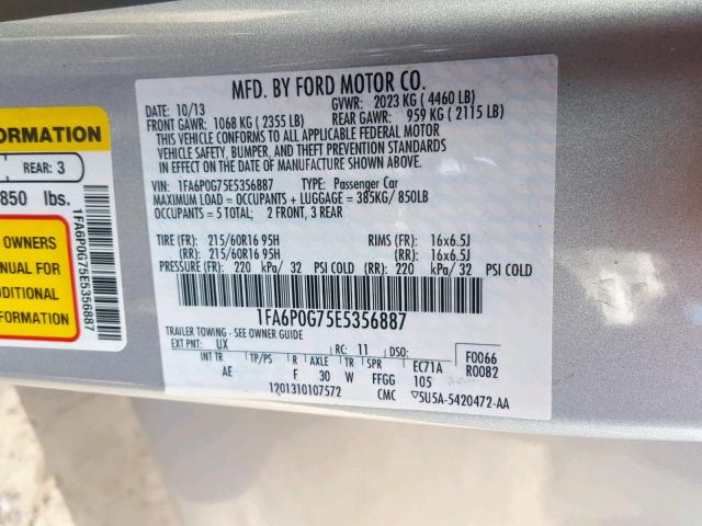 1FA6P0G75E5356887 - 2014 FORD FUSION S SILVER photo 10